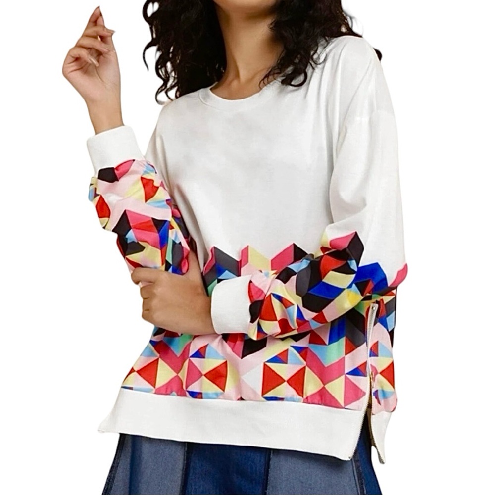 BRENDA SCHOENFELD Large Pullover Sweatshirt Colorful Geometric Side Zip Artwear